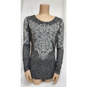 Vocal Apparel Grey Rhinestone Embellished Long Sleeve Knit Top Y2K Biker S M L
